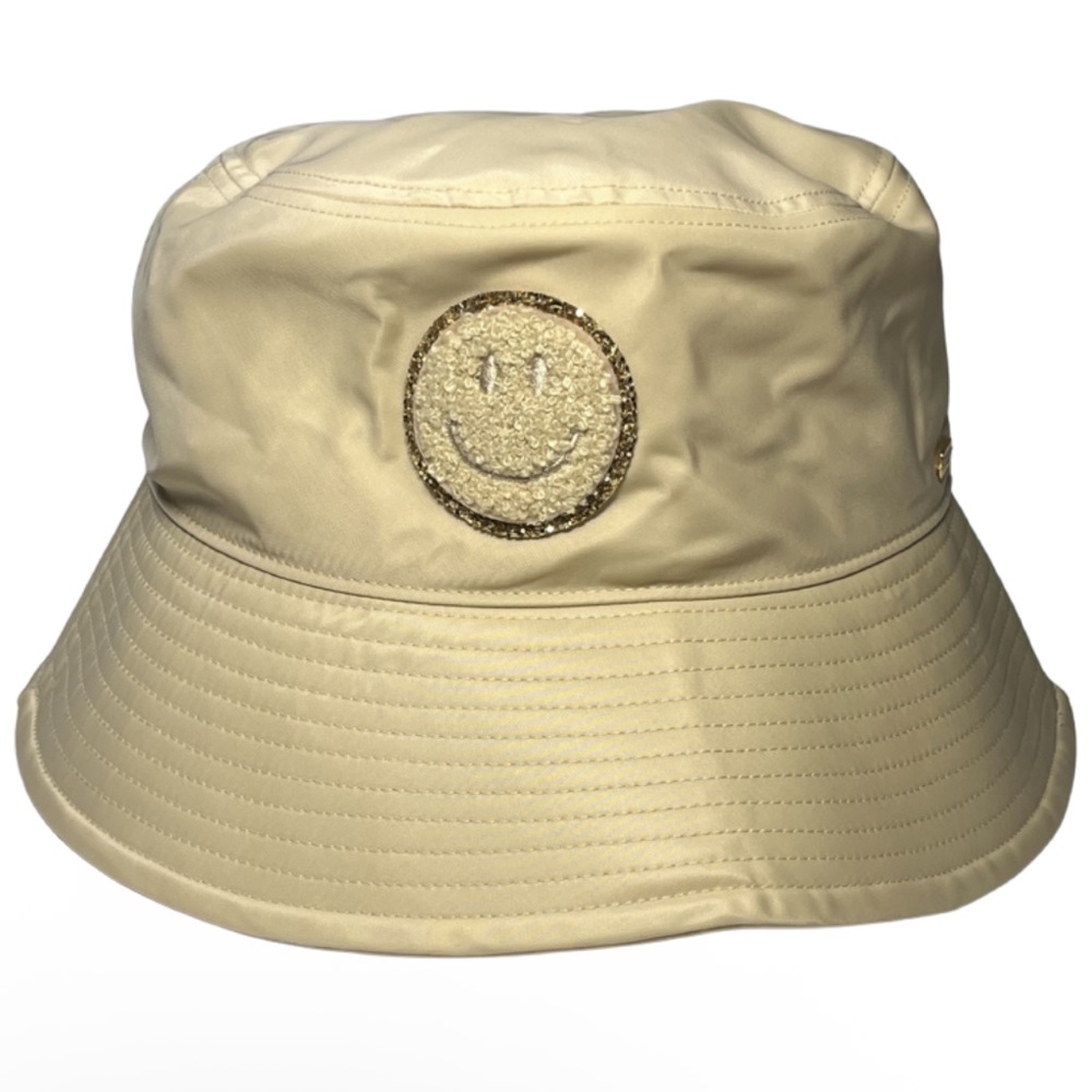 Stoney Clover Lane Beige Nylon Bucket Hat Smiley Face Patch Neutral One Size Tan